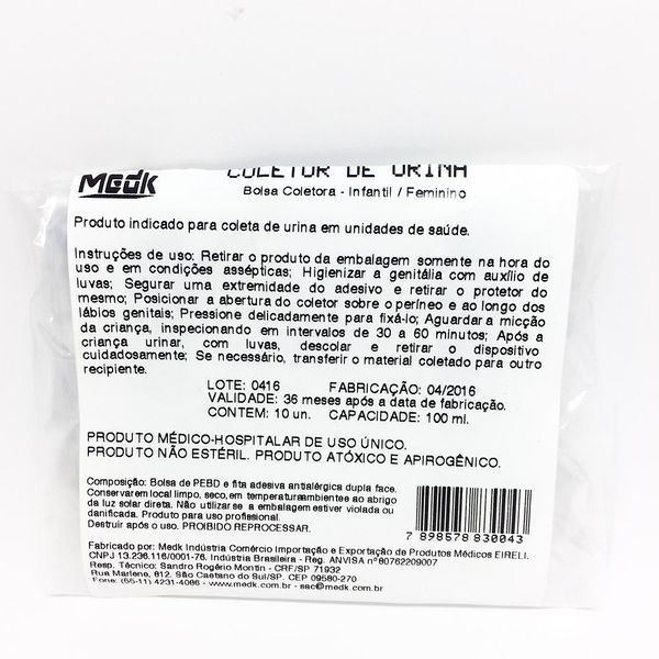 Coletor de Urina Infantil Feminino 100ml 1 unidade