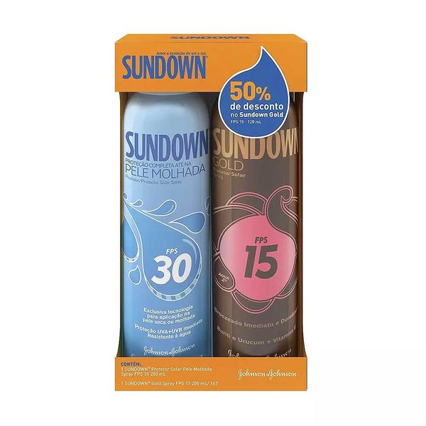 Kit Protetor Solar Sundown Pele Molhada FPS 30 Spray 200ml + 50% Desconto Protetor Solar Sundown Gold FPS 15 Spray 200ml