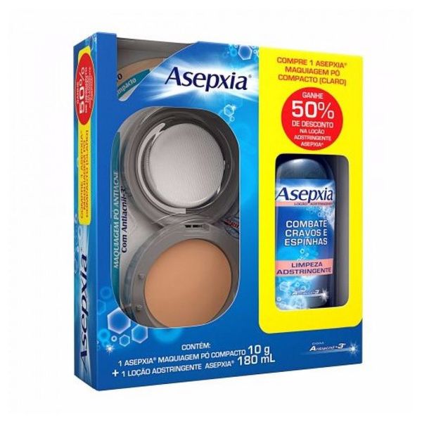Kit Asepxia Pó Compacto Antiacne Claro 10g + Ganhe 50% de Desconto Loção Adstringente 180ml