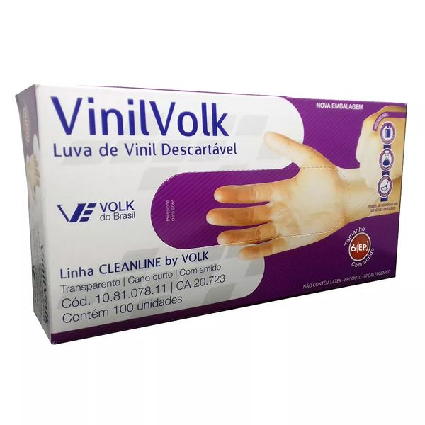 Luva de Vinil Descartável Volk com Amido Tamanho Extra Pequena 100 Unidades