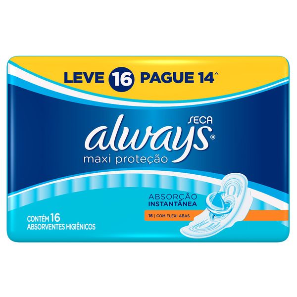Absorvente Always Maxi Proteção Cobertura Seca Abas Leve 16 Pague 14 Unidades