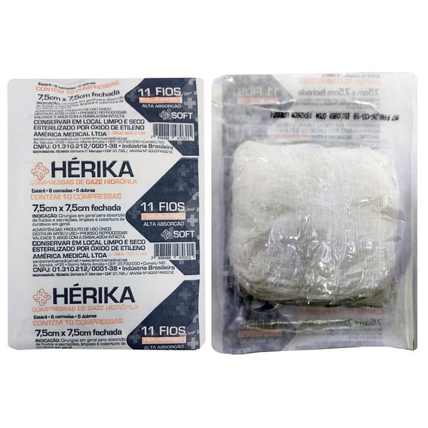 Compressa de Gaze Estéril 11 Fios Hérika 7,5x7,5cm 10un