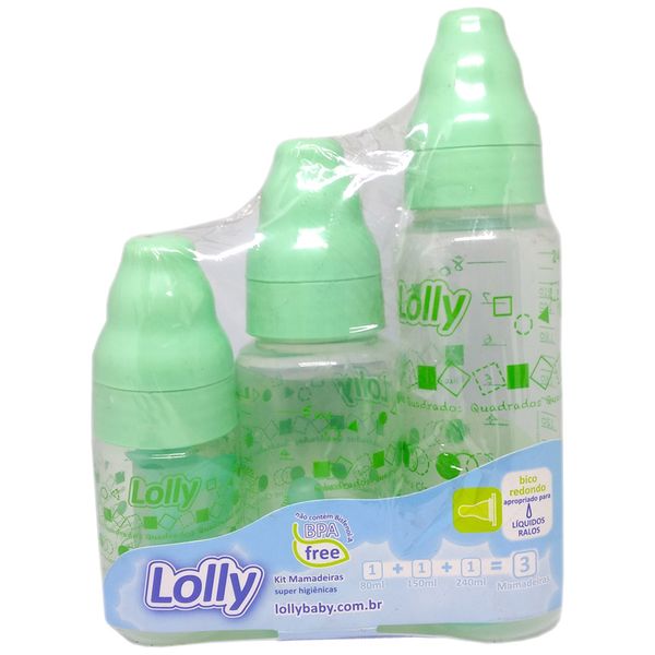 Kit Mamadeira Lolly Verde com 3 Unidades 80ml- 150ml- 240ml