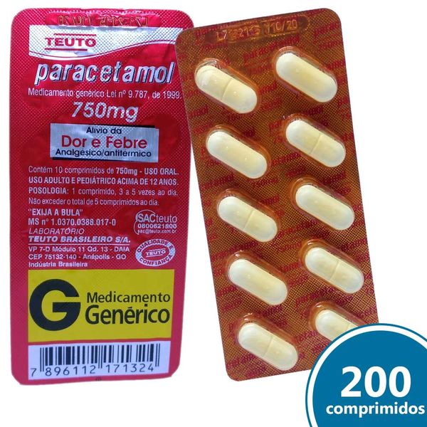 Paracetamol 750mg 200 comprimidos Genérico Teuto