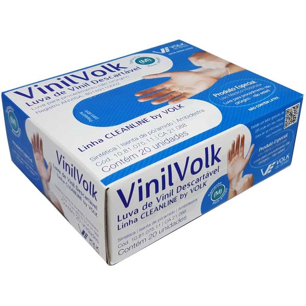 Luva de Vinil Descartável Volk Sem Amido Tamanho M 20 Unidades