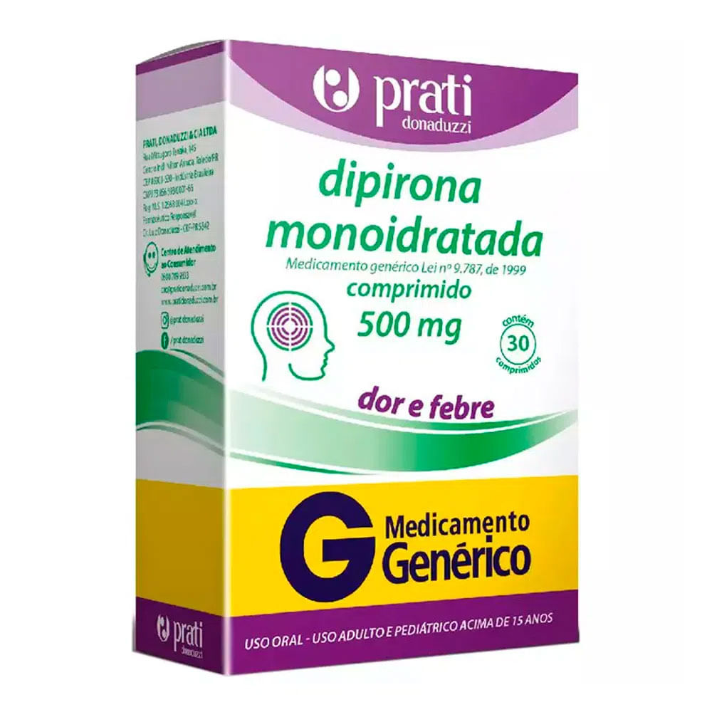 Dipirona Sodica 500mg 30 comprimidos Generico Prati Donaduzzi - Farma 22