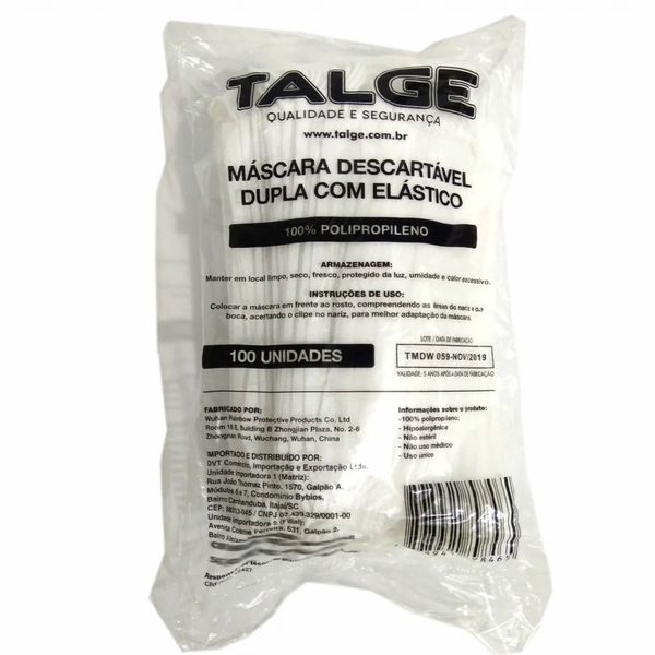 Máscara Cirúrgica Dupla Descartável Talge com Elástico 100 Unidades