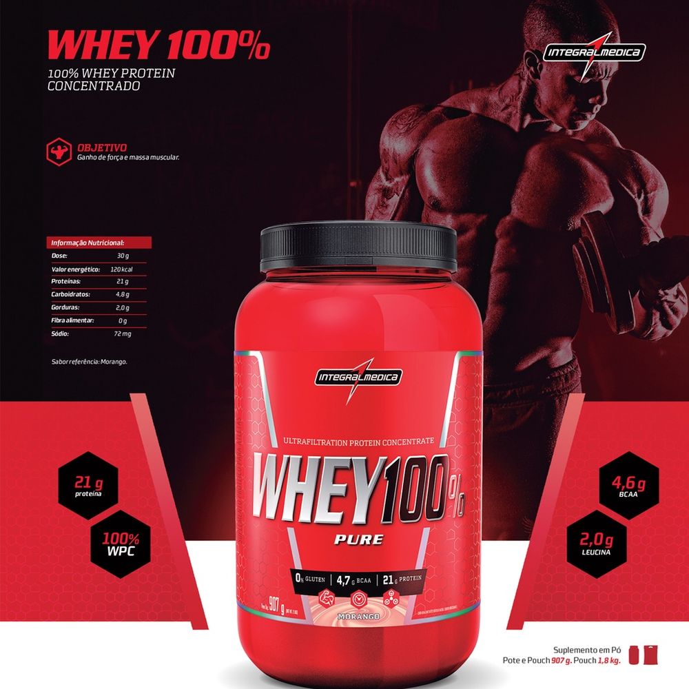 Whey Protein 100 Pure Morango Integral Médica 900g Farma 22