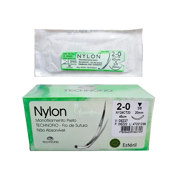 Fio de Sutura Nylon 2-0 45 cm c/ Agulha 3,0 mm – 24 Unidades